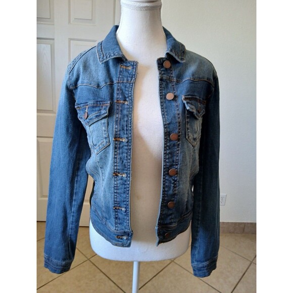 Love Fire Jacket Small Denim Medium Wash Stretch HiLo Tail Pockets Distressed - Picture 1 of 16
